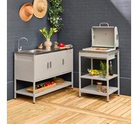 Sweeek - Outdoor Kitchen With Charcoal Barbecue And 2 Modules With Sink Beige - Naxos