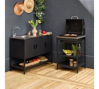 Sweeek - Outdoor Kitchen With Charcoal Barbecue And 2 Modules With Sink Black - Naxos