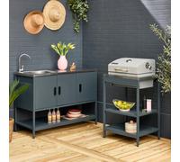Sweeek - Outdoor Kitchen With Charcoal Barbecue And 2 Modules With Sink Grey Blue - Naxos