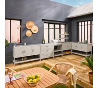 Sweeek - Outdoor Kitchen With Charcoal Barbecue And 5 Modules With Sink Beige - Naxos