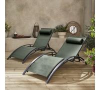 Sweeek. Pair Of Aluminium And Textilene Sun Loungers 4 Reclining Positions Louisa Grey 167X64X82 Cm