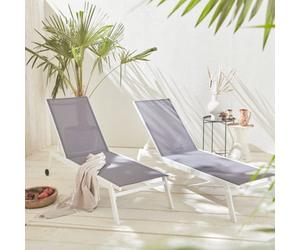 Sweeek. Pair Of Multi-Position Aluminium Sun Loungers With Wheels Elsa White 191X55X94 Cm