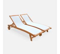 Sweeek. Pair Of Wooden And Textilene Sun Loungers Marbella White 196X68X91 Cm