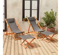 Sweeek. Pair Of Wooden Deckchairs And Footrests Creus With Footrests Anthracite 102X56X86 Cm