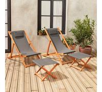 Sweeek. Pair Of Wooden Deckchairs And Footrests Creus With Footrests Anthracite 102X56X86 Cm