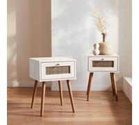 Sweeek - Pair Of Woven Rattan Bedside Tables With Drawer Boheme Blanc Cassé 39X39X55.4 Cm
