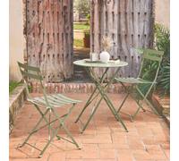 Sweeek - Round Folding Metal Bistro Garden Table With 2 Chairs Sage Green 60X60X71 Cm - Emilia