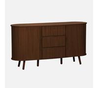 Sweeek - Scandinavian Oval Sideboard With 2 Sliding Doors 4 Compartments 3 Drawers Grooved Wood Effect Walnut Shade L 150 X D