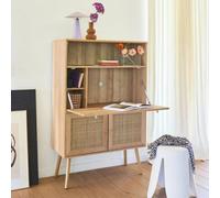 Sweeek - Secretary Desk With Wood Decor Cane And 2 Doors Natural 90X38X138 Cm - Boheme