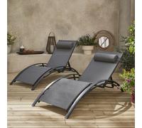 Sweeek. Pair Of Aluminium And Textilene Sun Loungers 4 Reclining Positions Louisa Anthracite 167X64X82 Cm