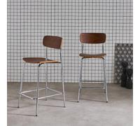 Sweeek - Set Of 2 Vintage Plywood Bar Stools With Walnut Effect Wood Veneer And Chrome Metal Legs L 42.5 X D 50 X H 94Cm - Toby