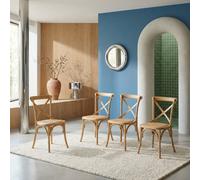 Sweeek - Set Of 4 Vintage Natural Wood Bistro Chairs With Rattan Seats, Stackable