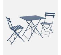 Sweeek - Square 2-Seater Folding Metal Bistro Garden Table With 2 Chairs Grey Blue 70X707X71 Cm - Emilia