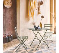 Sweeek - Square 2-Seater Folding Metal Bistro Garden Table With 2 Chairs Sage Green 70X70X71 Cm - Emilia