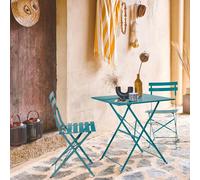 sweeek Square 2-seater folding metal bistro garden table with 2 chairs in Teal sweeek Teal