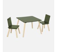 Sweeek - Square Children's Table Pine Wood 2 Chairs Judith Olive Green 60X60X44 Cm