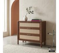 Sweeek - Vintage Chest Of Drawers With Wood Decor And Cane, 3 Drawers Walnut 80X39.5X75.5 Cm - Etta