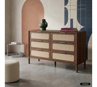 Sweeek - Vintage Chest Of Drawers With Wood Decor And Cane, 6 Drawers Walnut 120X39.5X95 Cm - Etta