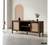 Sweeek - Vintage Tv Stand With Wood Decor And Cane 2 Doors 120Cm Walnut - Etta