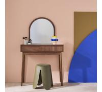 Sweeek - Wooden Decor Dressing Table Linear Rounded Mirror 2 Drawers 90 Cm Striated Front Walnut