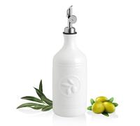 Sweejar 16 Oz Ceramic Olive Oil Dispenser Bottle, Oil Dispenser for Kitchen with Gravity Spout, Relief Opaque Container for Evoo, Avocado, Vinegar, Soy Sauce, 1 Pack(White, Silver Spout)