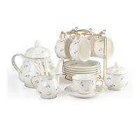 Sweejar 23 Pcs Floral Tea Sets with Metal Holder, Relief Gold Rim Porcelain Tea Sets for Adults, Cup and Saucer Set for 6, with Teapot, Sugar Bowl, Milk Jug, Spoons (Blue Flower)