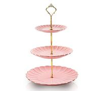 Sweejar 3 Tier Ceramic Cake Stand Wedding, Dessert Cupcake Stand for Tea Party Serving Platter (Pink)