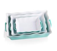 Sweejar Casserole Dishes for Oven, Ceramic Bakeware Set of 3, Rectangular Baking dish with Handles, Wave Edge Lasagna Pan Deep for Cooking, Cake, Dinner, Banquet and Daily Use (Turquoise)
