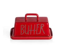 Sweejar Ceramic Butter Dish with Handle Lid, 7.3 Inch Porcelain Large Butter Keeper with Cover, Perfect for East/West Butter (Red)