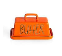 Sweejar Ceramic Butter Dish with Handle Lid, 7.3 Inch Porcelain Large Butter Keeper with Cover, Perfect for East/West Butter (Orange)