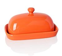 Sweejar Ceramic Butter Dish With Lid for Countertop - Porcelain Keeper With Knob Handle, Container for East/West Coast Butter, 7 Inches (Orange)