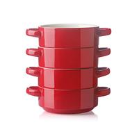 Sweejar Ceramic Soup Bowls with Double Handles, 20 Oz Stacked Bowls for French Onion Soup, Cereal, Pot Pies, Stew, Chill, Pasta, Set of 4 (Red)