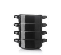 Sweejar Ceramic Soup Bowls with Double Handles, 20oz Stacked for French Onion Soup, Cereal, Stew, Refrigerant, Black Pasta, Set of 4