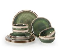 Sweejar Home 12 Pieces Ceramic Dinnerware Sets for 4, Gradient Glaze Plates and Bowls Set, Microwave & Dishwasher Safe, Stackable Dish Set, Scratch Resistant Dishware Sets,Green