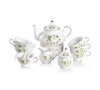 Sweejar Home 21 Pieces Porcelain Tea Sets, Tea Cups and Saucers Coffee Set of 6, Vintage Floral Gift Tea Service for Adults, Creamer Pitcher and Spoons, Suitable for Afternoon Tea Party (Camellia)