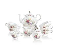 Sweejar Home 21 Pieces Porcelain Tea Sets, Tea Cups and Saucers Coffee Set of 6, Vintage Floral Gift Tea Service for Adults, Creamer Pitcher and Spoons, Suitable for Afternoon Tea Party(Rose Flower）