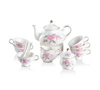 Sweejar Home 21-Pieces Porcelain Tea Sets, Vintage Floral Gift Tea Set, Tea Service for Adults, with Teapot, Sugar Bowl, Creamer Pitcher and Spoons, for Tea/Coffee, Suitable for Party(PinkFlower)