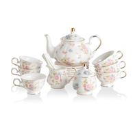 Sweejar Home 21-Pieces Porcelain Tea Sets, Vintage Floral Gift Tea Set, Tea Service for Adults, with Teapot, Sugar Bowl, Creamer Pitcher and Spoons, for Tea/Coffee, Suitable for Party(Small Flower)