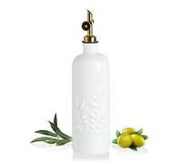 Sweejar Home 460ml Ceramic Olive Oil Dispenser Bottle, Oil Dispenser for Kitchen with Gravity Spout, Relief Opaque Vinegar Container for Evoo, Soy Sauce, 1 Pack(Beige, Gold Spout)