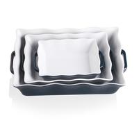 Sweejar Home Casserole Dishes for Oven, Ceramic Bakeware Set of 3, Rectangular Baking dish with Handles, Wave Edge Lasagna Pan Deep for Cooking, Cake, Dinner, Banquet and Daily Use (Navy)