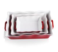 Sweejar Home Casserole Dishes for Oven, Ceramic Bakeware Set of 3, Rectangular Baking dish with Handles, Wave Edge Lasagna Pan Deep for Cooking, Cake, Dinner, Banquet and Daily Use (Red)