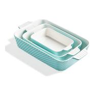 Sweejar Home Ceramic 13 x 9 Baking Pan, Cake Baking Dish Set for Brownie, Porcelain Striped Casserole Dishes for Oven with Handle for Lasagna, Family Dinner Set of 3(Turquoise)