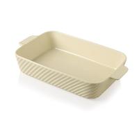 Sweejar Home Ceramic 9x13 In Baking Pan, Cake Baking Dish for Brownie, Porcelain Striped Casserole Dishes for Oven with Handle for Lasagna, Family Dinner(Beige)