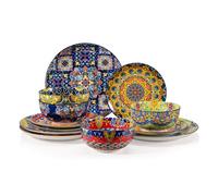 Sweejar Home Ceramic Dinnerware Sets for 4,12 Pieces Boho Plates and Bowls for Kitchen,Housewaring Gift,Bohemian Style Dish Set,Dishwasher and Microwave Safe(Colorful)