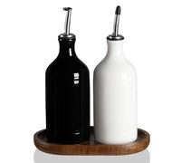 Sweejar Home Ceramic Olive Oil Dispenser Bottles with Tray, 460ML Oil Dispenser Set for Kitchen Counter, Opaque Oil Cruet for Storage Soy Sauce, Vinegar, Liquids, Pack of 2 (WhiteBlack)