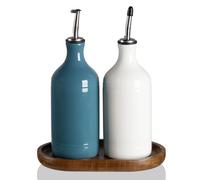 Sweejar Home Ceramic Olive Oil Dispenser Bottles with Tray, 460ML Oil Dispenser Set for Kitchen Counter, Opaque Oil Cruet for Storage Soy Sauce, Vinegar, Liquids, Pack of 2 (WhiteFogblue)