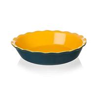 Sweejar Home Ceramic Pie Dish, 26cm Round Baking Dish, Non-Stick with Soft Wave Edge, Ideal for Apple, Pumpkin & Pot Pies (Blue & Yellow)