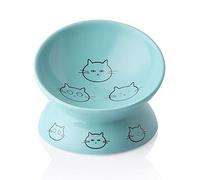 Sweejar Home Ceramic Raised Cat Bowls, Slanted Cat Dish Food or Water Bowls, Elevated Porcelain Pet Feeder Bowl Protect Cat's Spine, Stress Free, 140ml, Backflow Prevention (Turquoise)