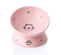 Sweejar Home Ceramic Raised Cat Bowls, Slanted Cat Dish Food or Water Bowls, Elevated Porcelain Pet Feeder Bowl Protect Cat's Spine, Stress Free, 140ml, Backflow Prevention (Pink)