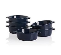 Sweejar Home Ceramic Souffle Dishes, Round Handle-Ramekins-Baking, 295 ML for Pudding,Creme Brulee,Souffle - Set of 6 (Navy)